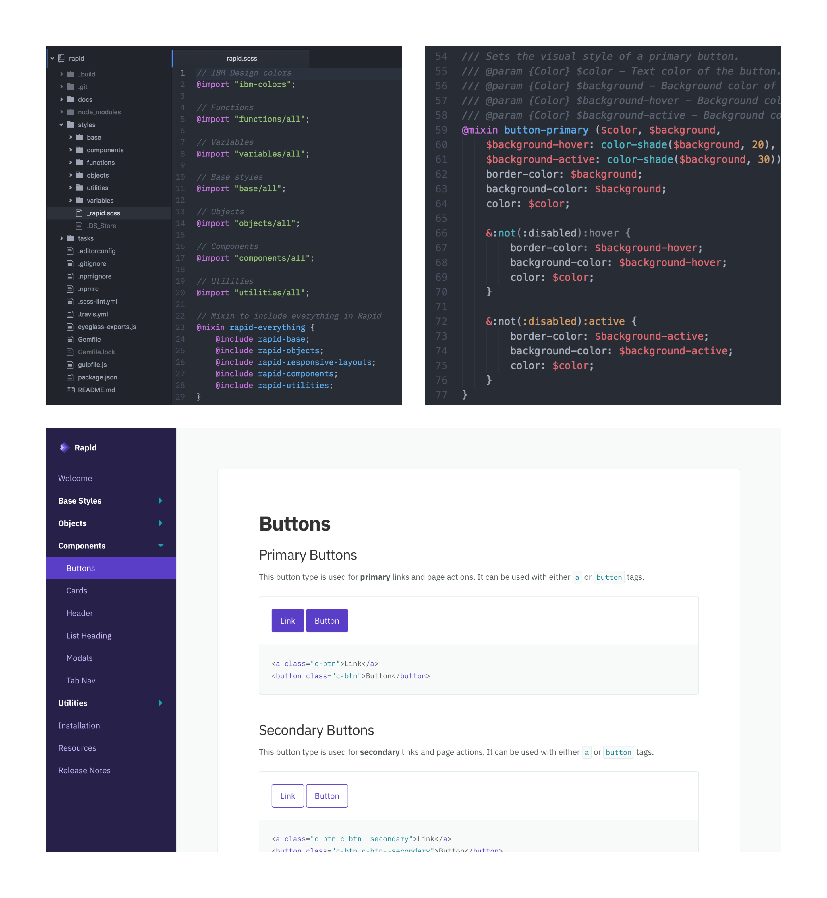 Code and a component page of Rapid’s documentation website