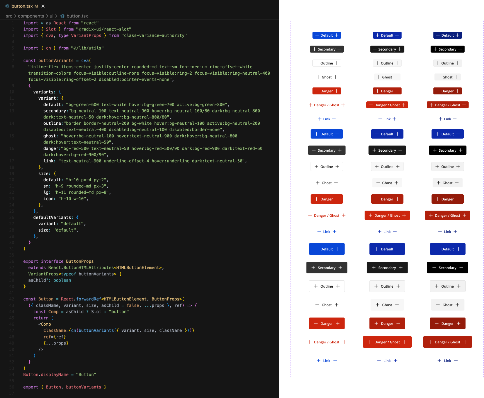 Component code on the left and Figma design on the right for a Button